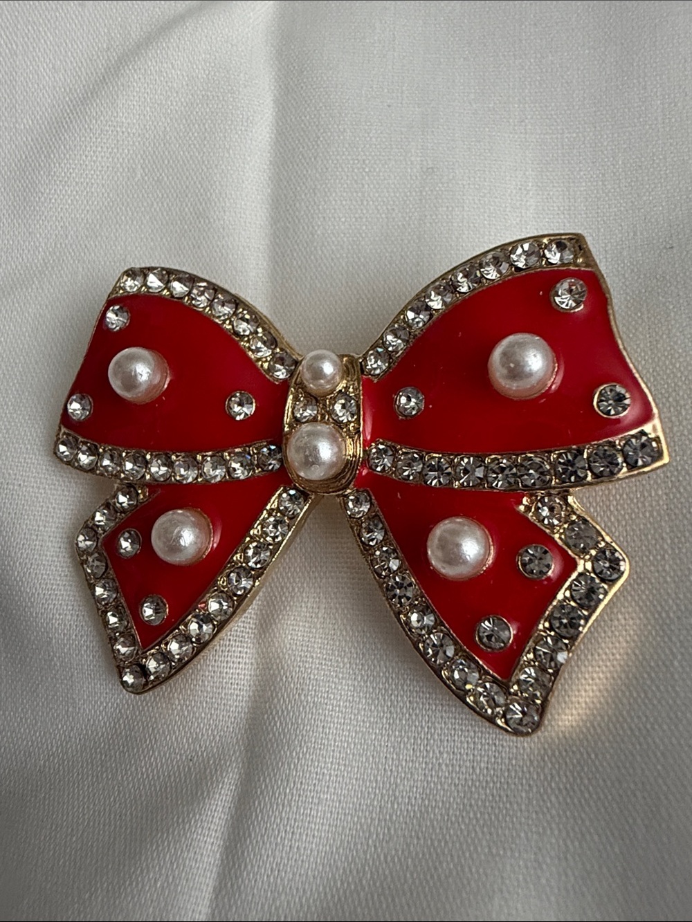 Red Bow Crystal & Pearl Brooch - Women Jewelry